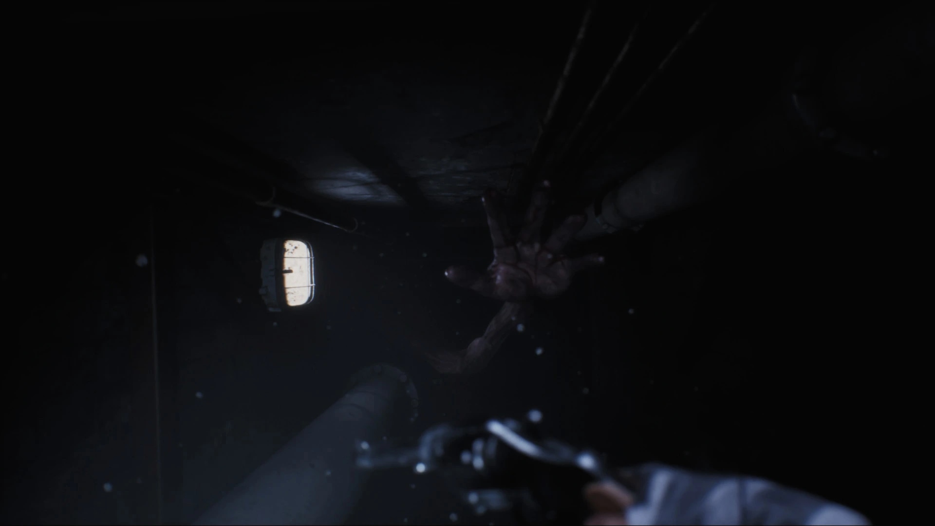 Terrifying creature lurking in a dark corridor
