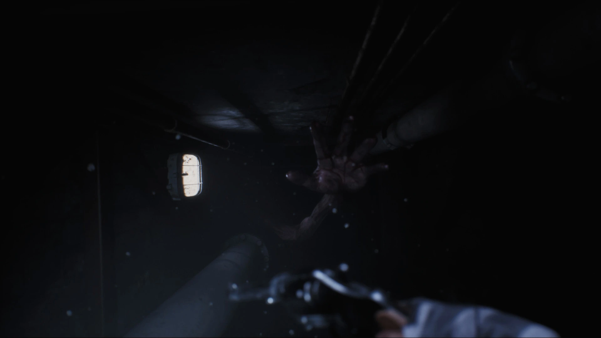 Terrifying creature lurking in a dark corridor